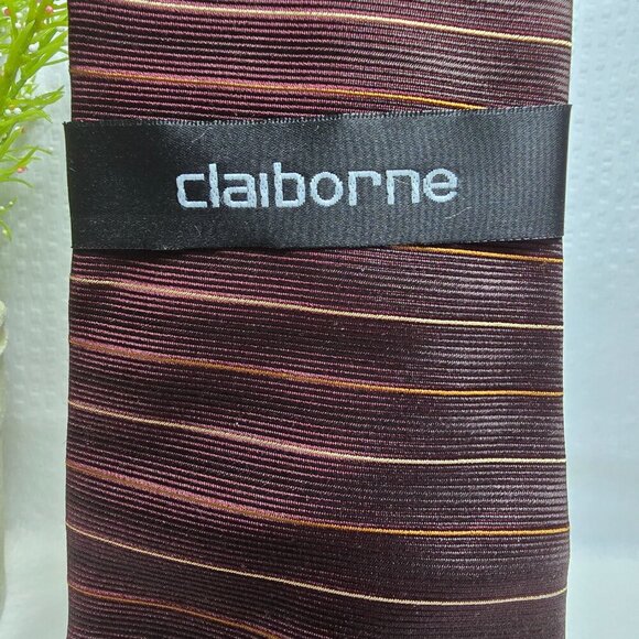 VINTAGE CLAIBORNE 100% SILK TIE STRIPED BROWN, GOLD, RUST, TEXTURED EUC - Picture 4 of 4